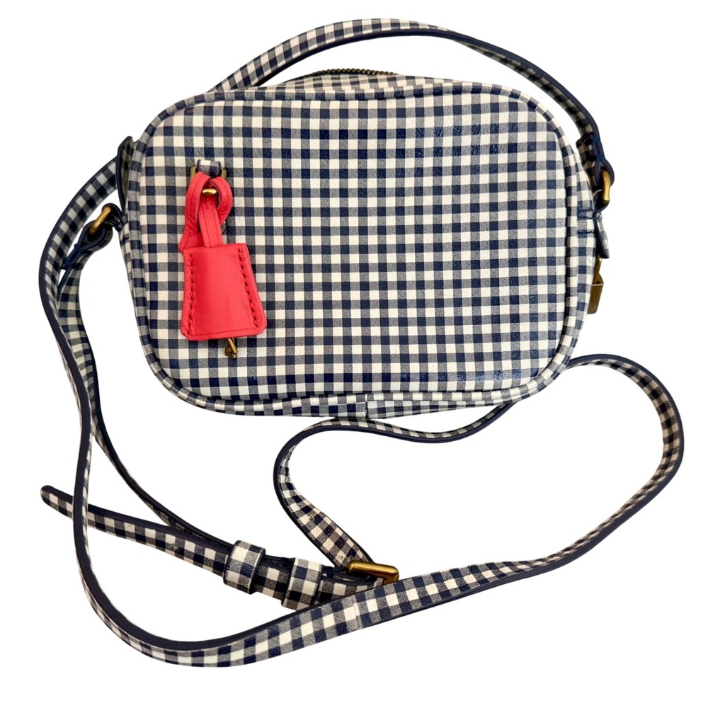 J.Crew Navy White Gingham Crossbody Camera Bag Coated Canvas Pink Clochette